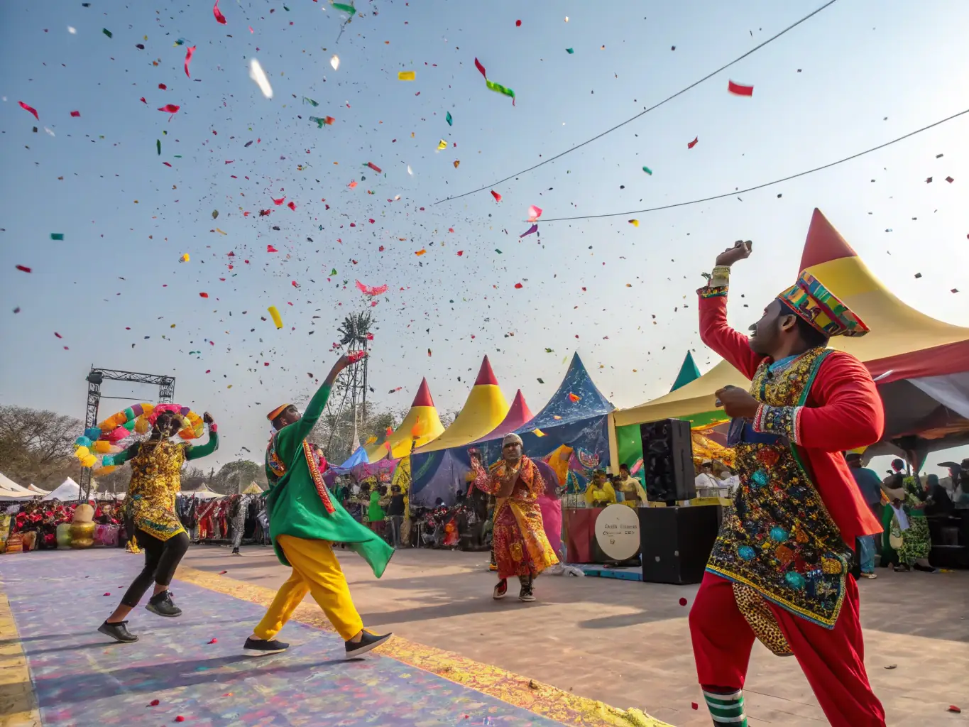 A dynamic image showcasing a lively cultural festival organized by COMITE DES FETES, featuring traditional music, dance performances, and food stalls. The photo should capture the energy, diversity, and celebratory atmosphere of the event.