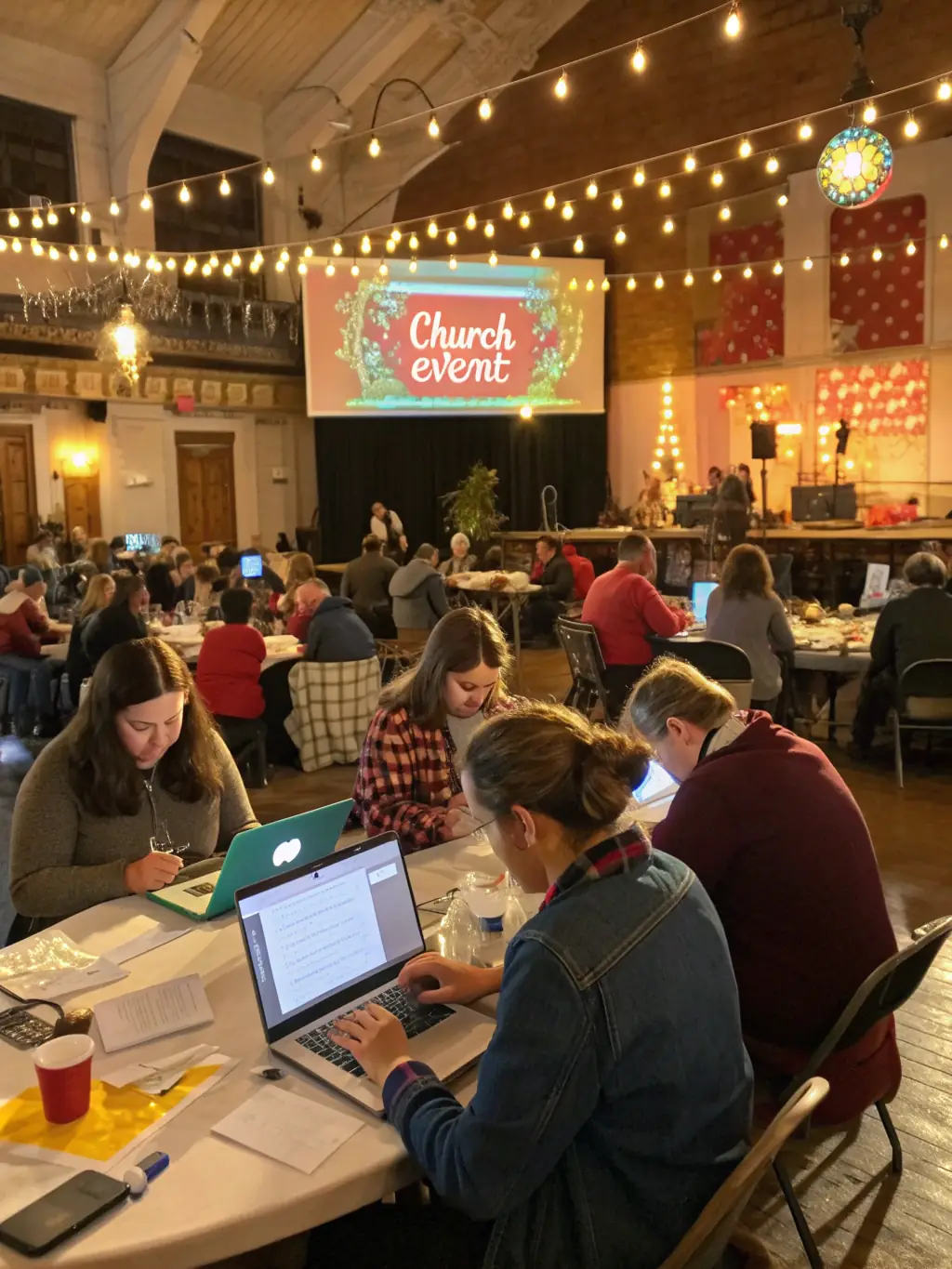 A dynamic image of volunteers setting up decorations for a holiday-themed community event, emphasizing the spirit of giving and community involvement.