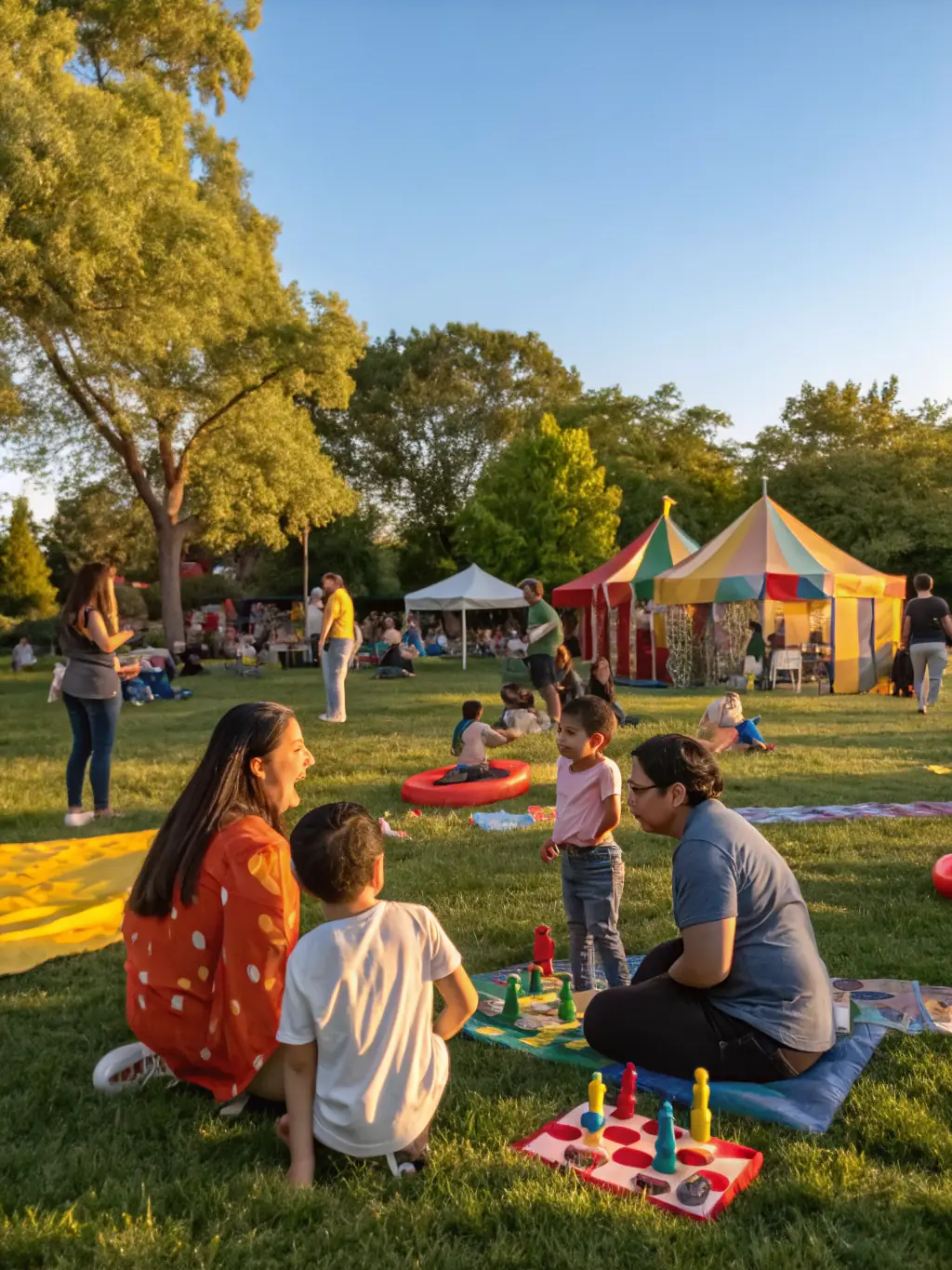 A photograph capturing the excitement of the annual town fair, showcasing families enjoying games, food stalls, and live music under a sunny sky. This image promotes the upcoming fair.