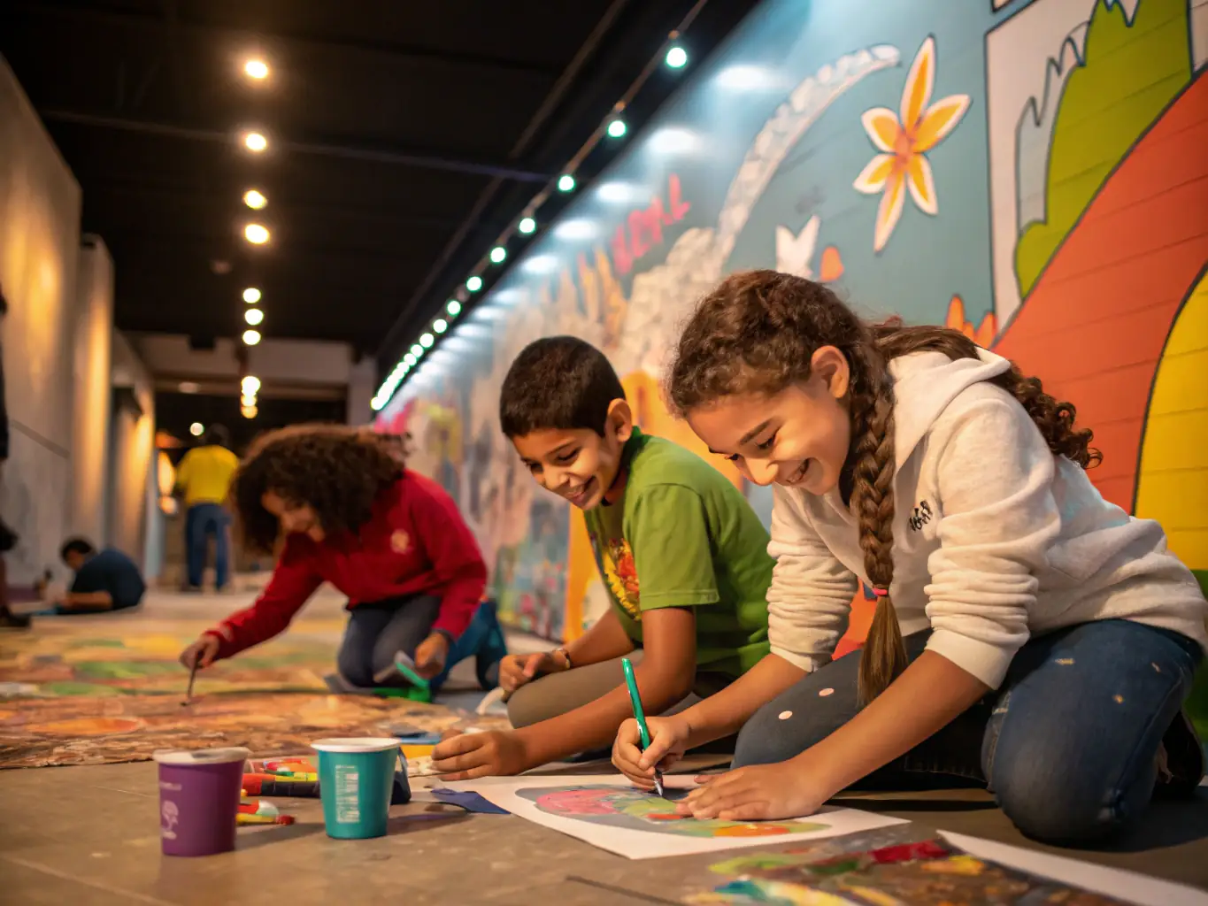 A photograph capturing a group of children and seniors participating in a collaborative art project during an intergenerational workshop organized by COMITE DES FETES. The image should convey a sense of joy, connection, and shared creativity.